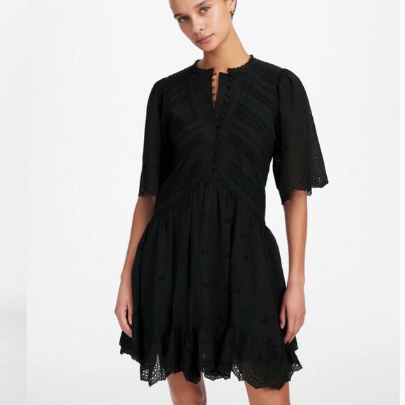 Madewell NU556 Black Eyelet Flutter Sleeve Mini Dress in Cotton 10 NWT - Picture 1 of 13